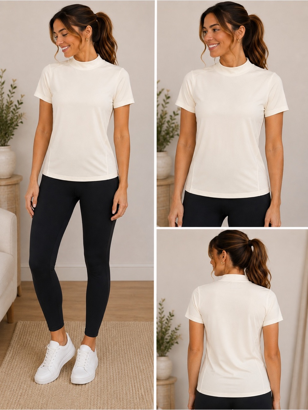 H&M Ivory Cream Mock Neck Short Sleeve Stretch Top Size Large